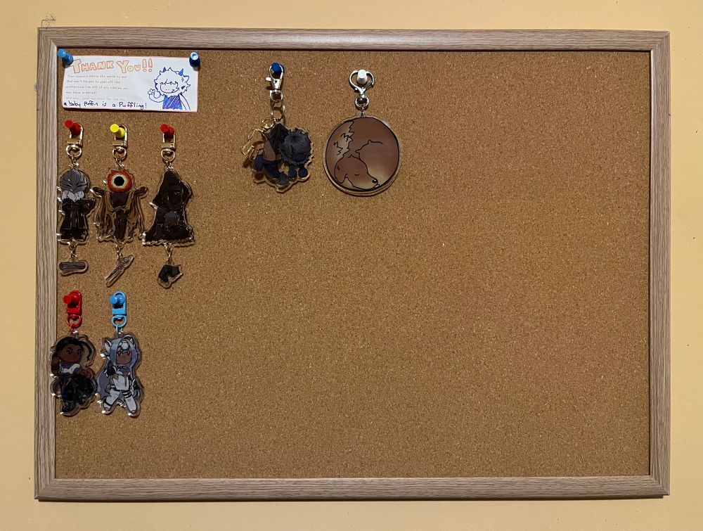 A photo of a cork board on a manila-colored wall. There are seven keychains on the cork board, and a single piece of paper thanking the customer for their purchase.

The keychains feature three characters from Elden Ring, one character from Xenogears, one character from Xenosaga, and then a keychain of an anthropomorphic dragon as well as another keychain featuring a golden retrieval curled up into a ball.

The Elden Ring characters are Ansbach, Midra, and Igon.

The Xenogears and Xenosaga characters are Fei Fong Wong and Kosmos respectively.