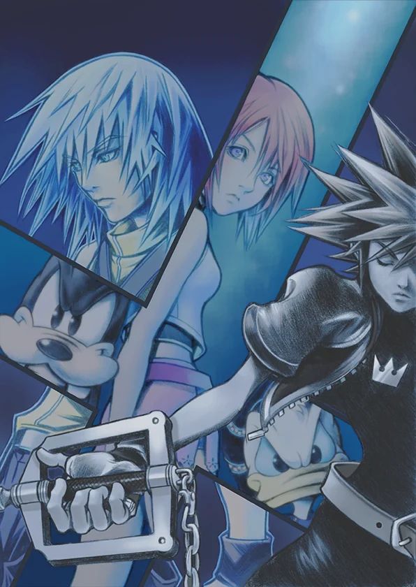 "This is another piece I drew under stress with no time. I’m sure you’ll see it if you look, but Sora looks a bit grown up. I’d like you to imagine for yourselves what it means. I’m still daydreaming myself." -Tetsuya Nomura


Kingdom Hearts Promotional Artwork titled "Connections" by Tetsuya Nomura

