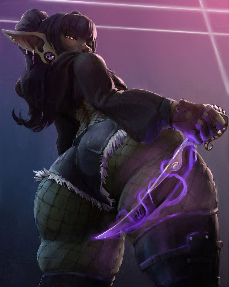 A low angle back view of a goblin lady holding an enchanted dagger that's glowing violet.  An insinuation of bright, cyberpunk lighting is in the background.