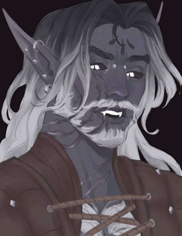 A portrait of a drow with distinct facial scars. 