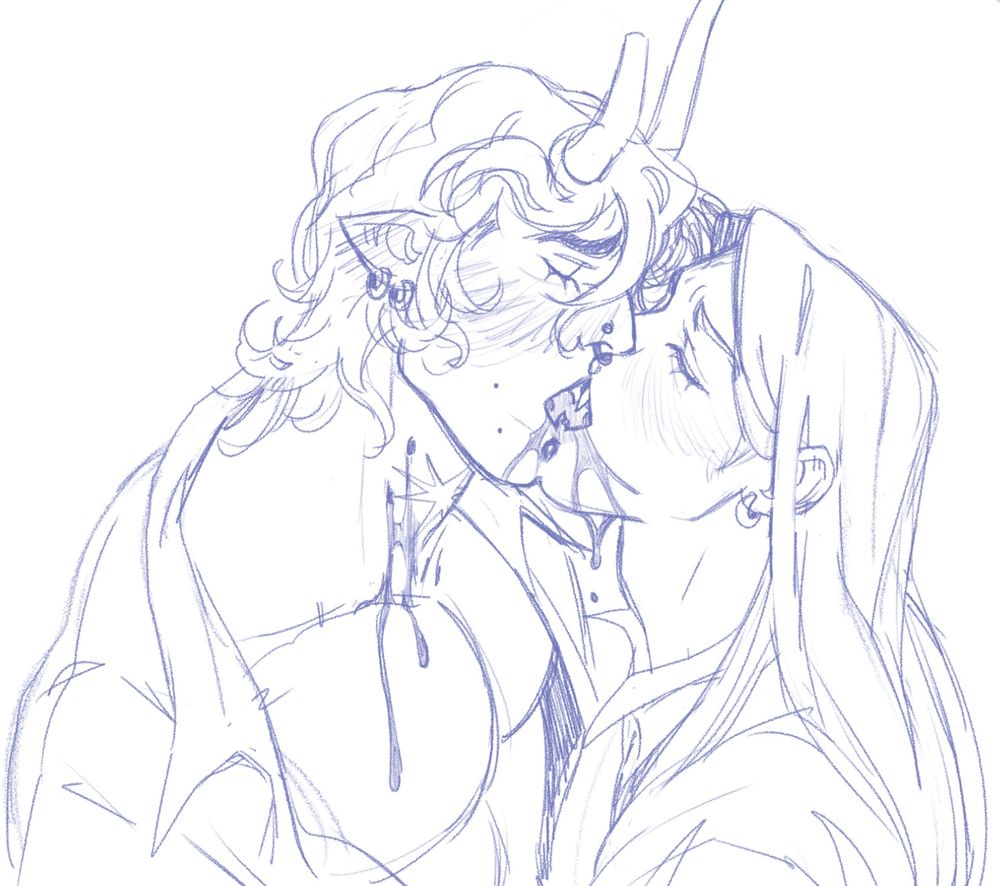 Archon and Florin making out while their mouths are covered in archon’s blood. There are two bite marks that are bleeding from Archon’s neck