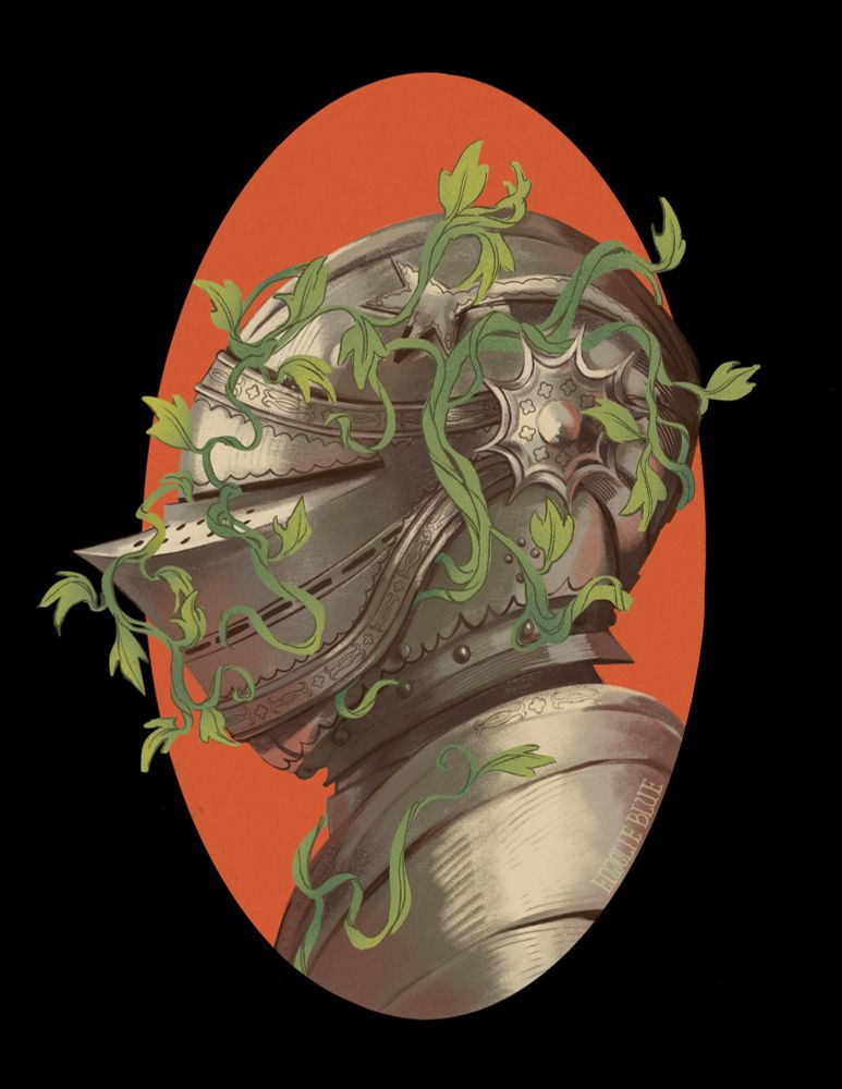 A portrait of a knight’s helmet being reclaimed and invaded by vines.