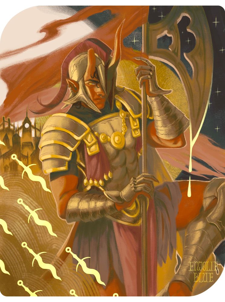 A tarot illustration of a red tiefling in Roman-inspired armor with a large axe, surrounded by daggers, buildings, and stars. 