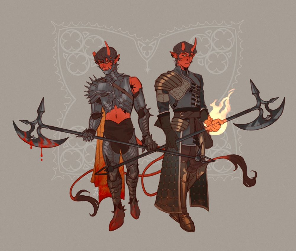 A design illustration of a red tiefling in two different sets of armor styles—full plate and part-plate. He holds a halberd, one dripping with blood. 