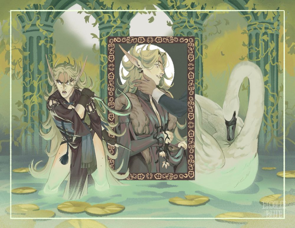 An illustration of a fey-elvish changeling woman in a cool glowing pond under ruins, telling an and swiping a sickle beside a giant swan. Between them in a floating framed portrait of the woman in robes, smiling off at the owner of the hand that is caressing her face. 