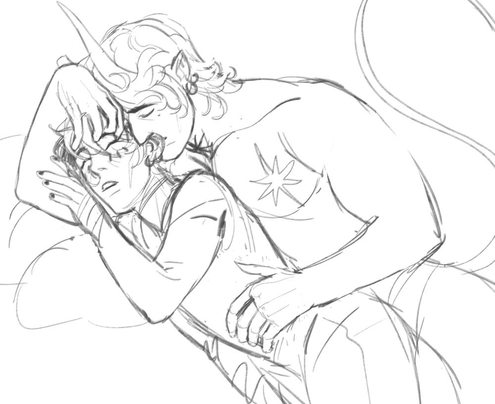 Archon spooning a sleeping morgan, kissing behind his ear and holding his waist