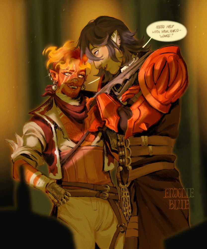 The fire genasi rogue, Virgil, pulls at the tattered scarf of surprised warforge paladin, Eve, and flirts smugly, “Need help with your hardware?” They are standing in a dingy cave with harsh green lighting. 