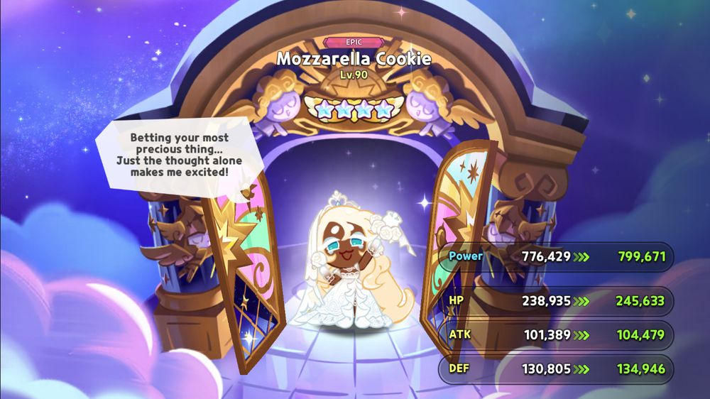Screenshot of Mozzarella Cookie from Cookie Run: Kingdom being promoted to 4 Star Ascended rank
