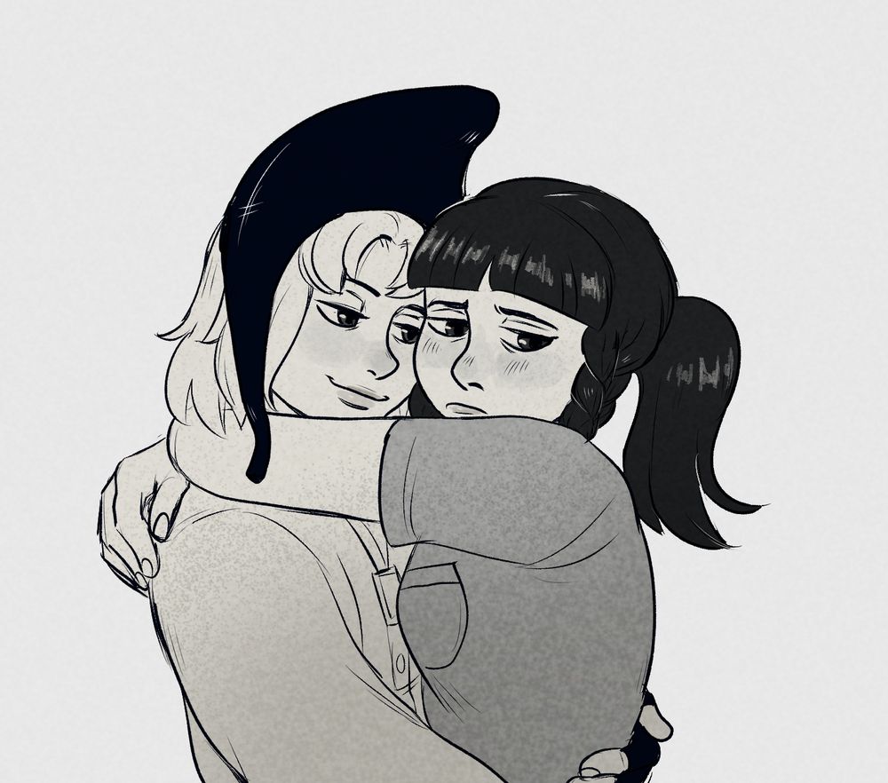 two young women hugging each other tight,the one on the left (mathilda) looks a bit smug while the one on the right (emma) is looking away, flustered