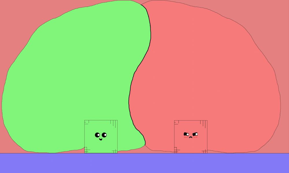 The green and light red shapes from Red Remover with very large butts, squishing in the middle against each other. The green one has a happy expression on their face, while the red one looks angry, but also bashful, blushing.