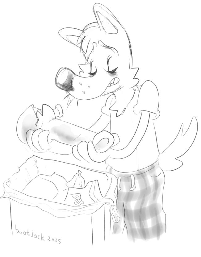 a cartoony canid with a mournful expression lowers a broken bong into the trash.