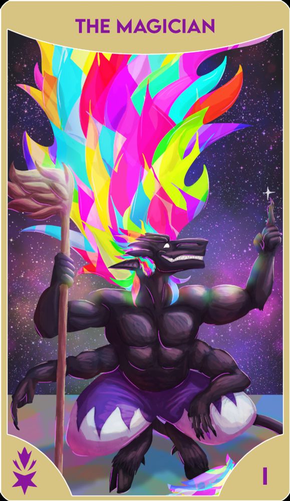 A tarot-card based illustration of a rainbow-haired monster as The Magician. He sits in front of a starry background, with two of his four arms pointing up and down.

In the bottom left corner is a purple insignia of a falling star, and in the bottom right is the roman numeral for 1.