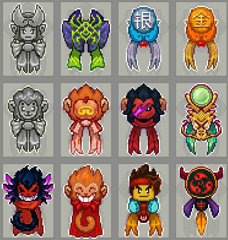 pixel ribbons depicting various lego monkie kid characters