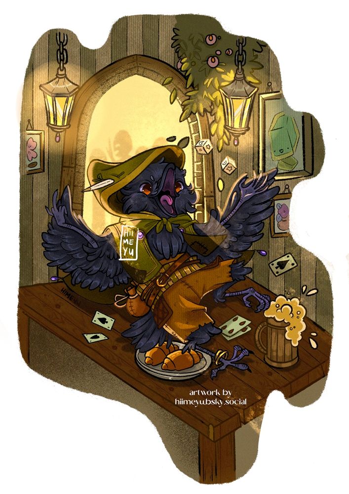A little kenku, dressed in rogue clothing is happily wreaking havoc in a Tavern.
