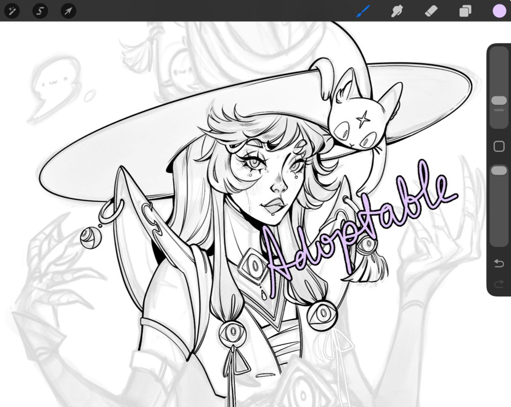 A witch with a widebrimmer hat with a cat in linework that’s still a work in progress