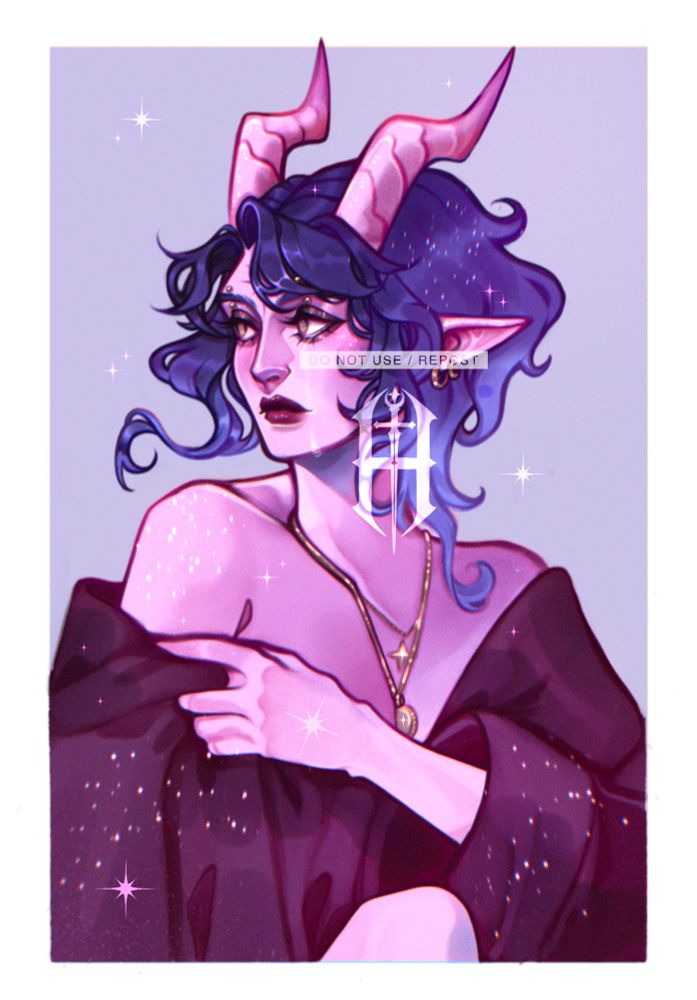 A colored bust of a female Tiefling with Blue-Purple hair, pink skin and a loose burgundy robe. A singular lone tear is running down her cheek. She wears delicate golden jewelry.