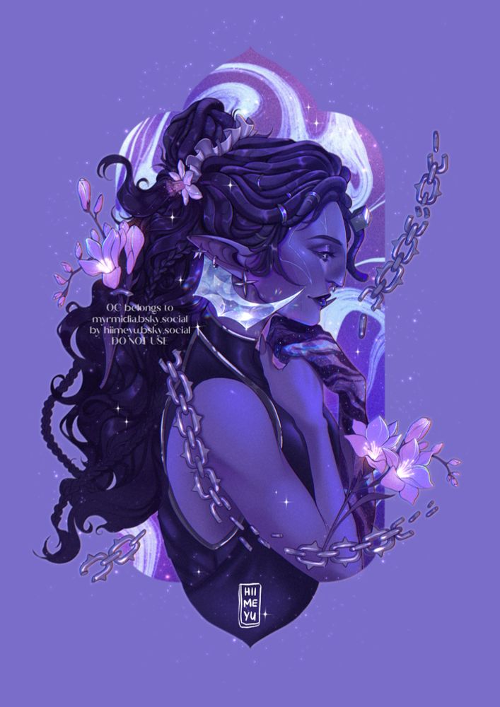 The picture depicts Fal‘enarel, a dnd character that belongs to Myrmidia. She is a blue woman with diamond horns and is seen in profile. She has a bun out of dreadlocks and an arm that consists out of a galaxy. Freesias and chains are framing her and she has a slight smile on her face.