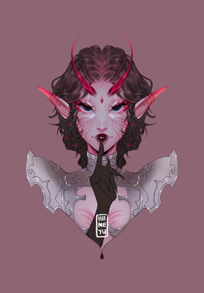 A dune inspired elf named Clarimond, who belongs to InoaArt, is making a secretive gesture at the viewer. She wears silver armor, has red eyebrows and darkbrown hair in braids. 