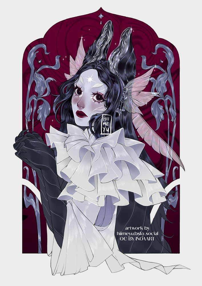 A pale woman with large fox-like black ears and ebony hair with dark red lips is looking solemny at the viewer.