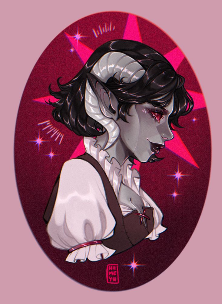 A grey tiefling woman with ram like white horns is seen in profile smiling cheekily. She wears a white shirt and brown chemise and has a black bob. The background is a scarlet red with glowing stars on it.