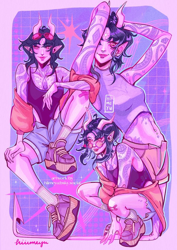 A pink tiefling in modern clothing is posing in three different poses infront of an abstract graphic background.