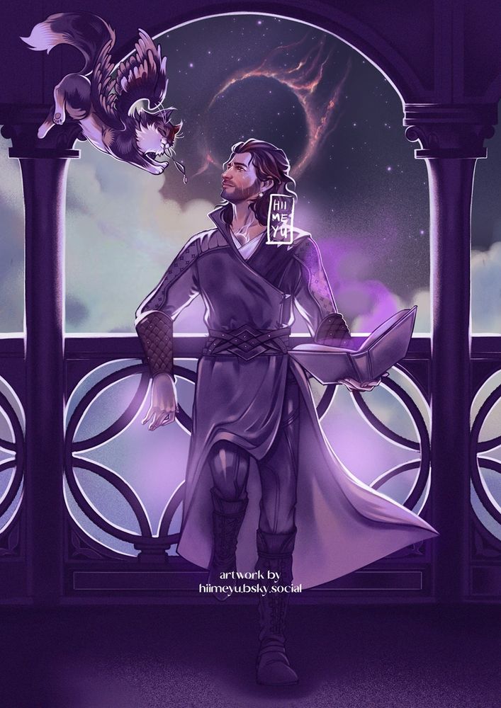 Gale of Waterdeep a Character from the BaldursGate Game series is posing on a balcony with his flying cat/tressym Tara bringing him a magic artefact
