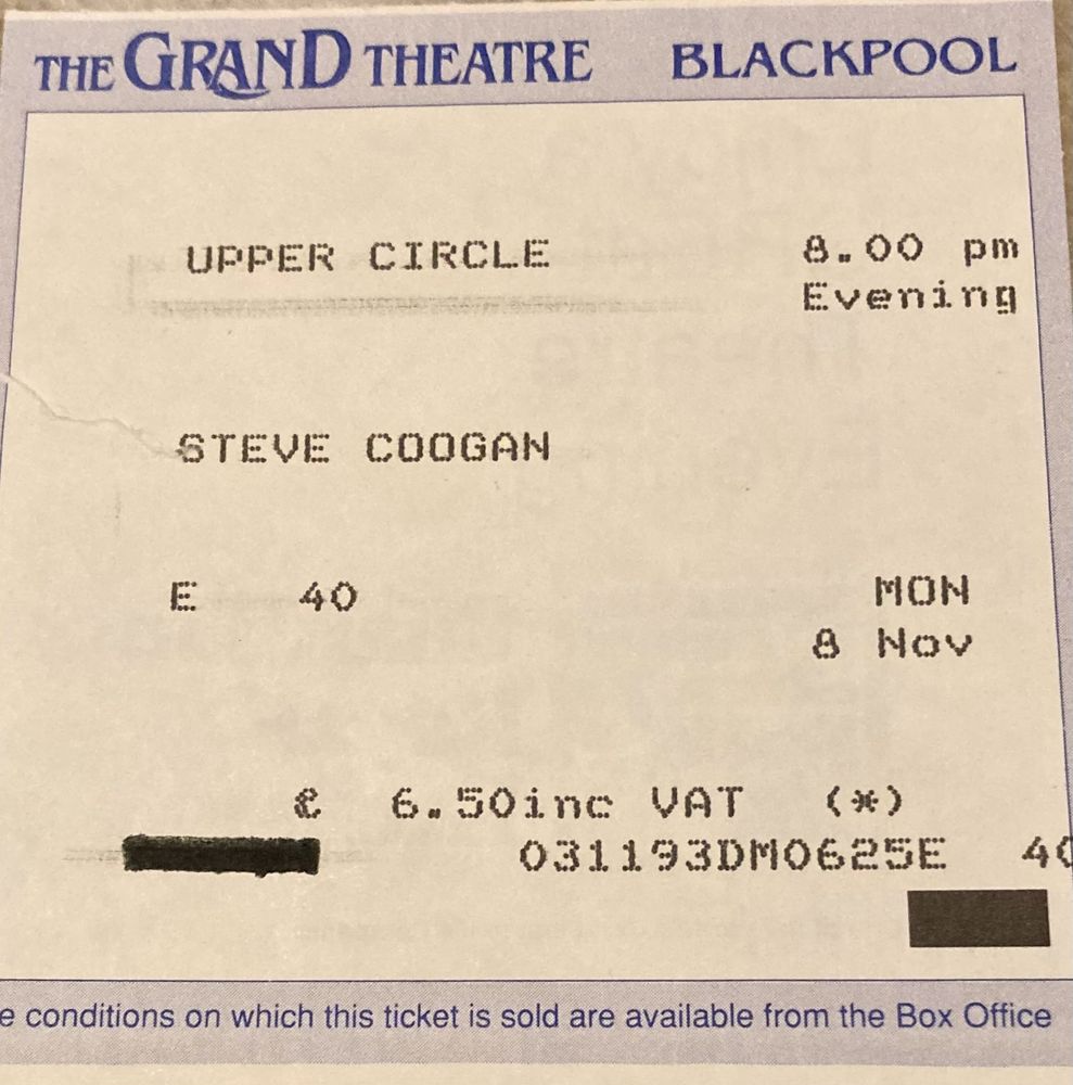 Ticket for Steve Coogan stand-up show in November 1993.