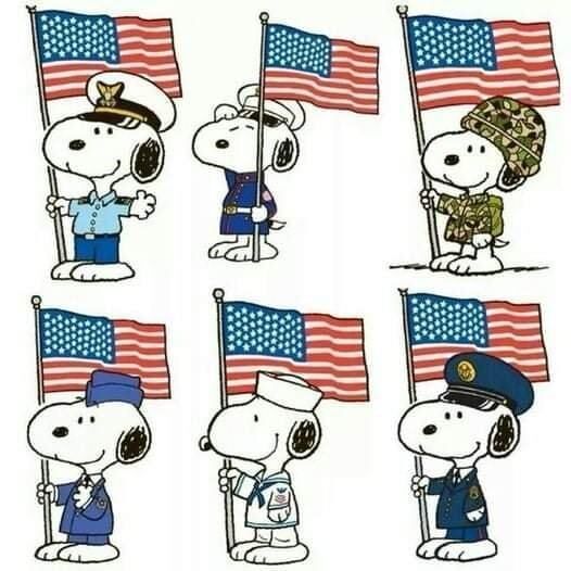 Snoopy holding an American flag dressed as each of the branches of the American military.