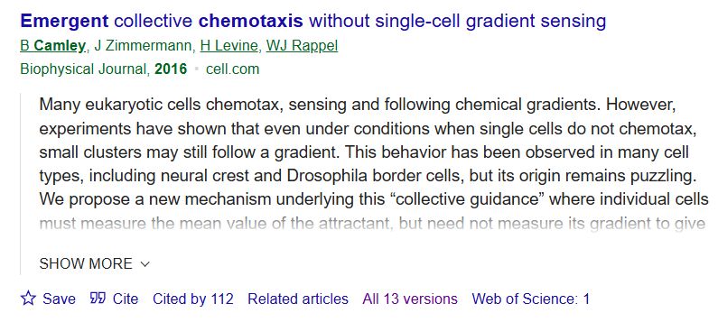 Clip of Google scholar entry for paper "Emergent collective chemotaxis without single-cell gradient sensing" falsely claiming it's published in Biophysical Journal