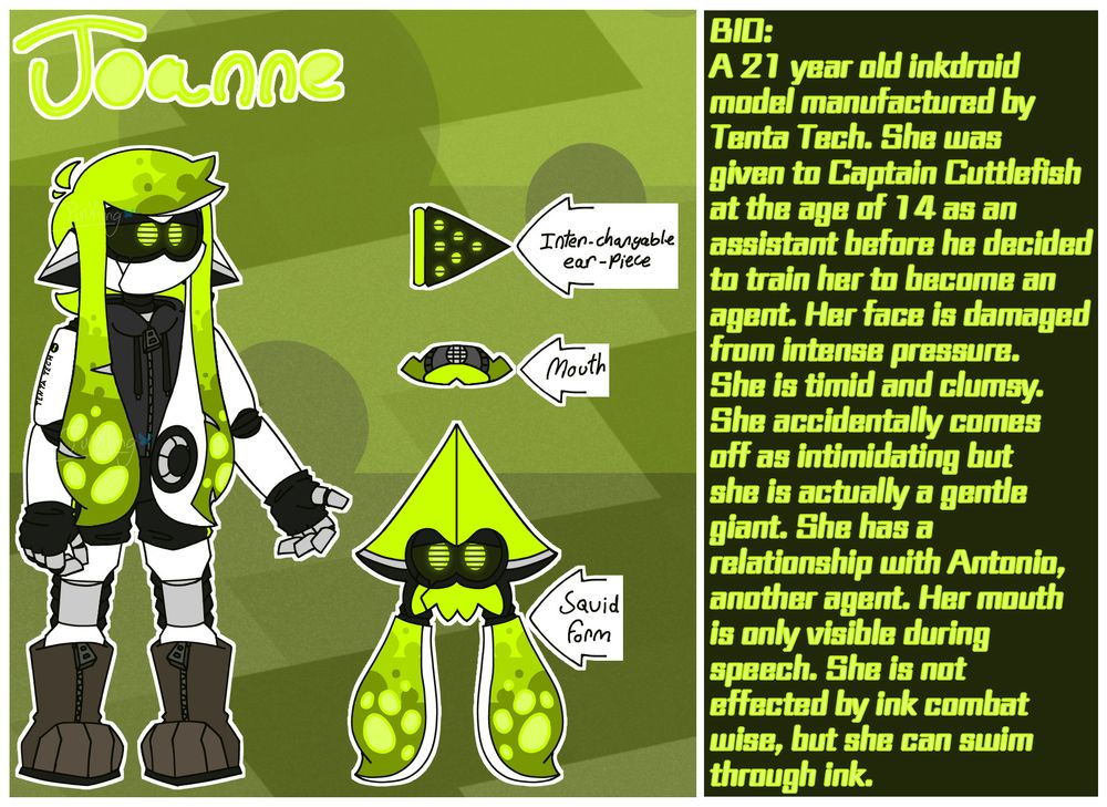 A ref sheet for Joanne, who is a mechanical inkling. She has an ink color of lime green. She is wearing boots, a sleeveless jacket and shorts.