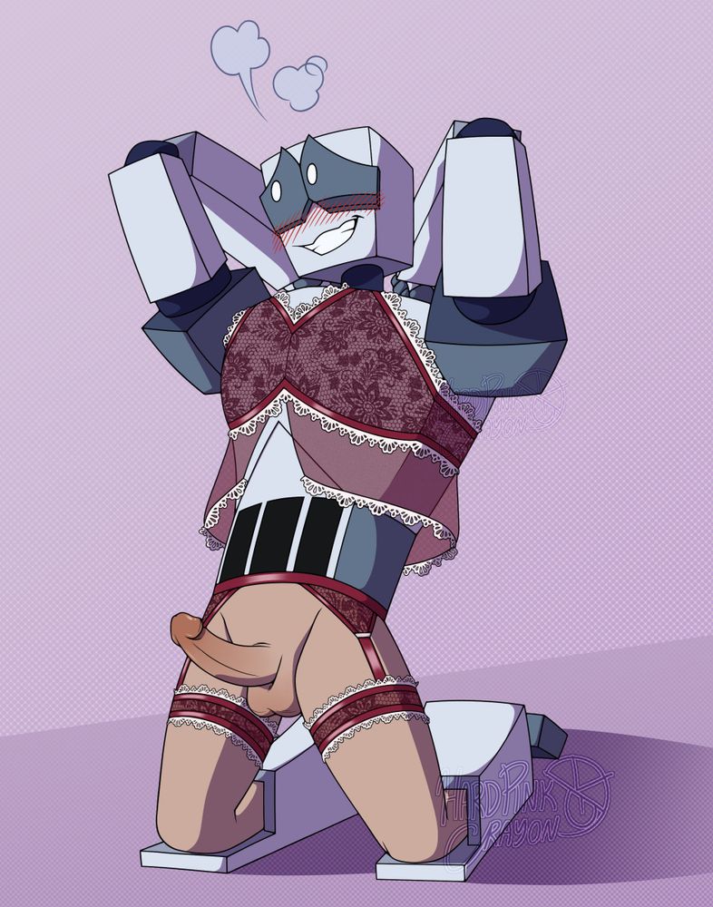 Posed illustration of Cast. He's on his knees and showing off his front while raising his arms to hold his hands behind his head, his dick hard and presented. Cast is blushing hard and peering off to the side, flustered with an embarrassed smile. Some steam is rising from his face. He's dressed in lingerie (a bra with fabric flowing under and garterbelt) that's trimmed with lace and has a flower pattern interwoven.