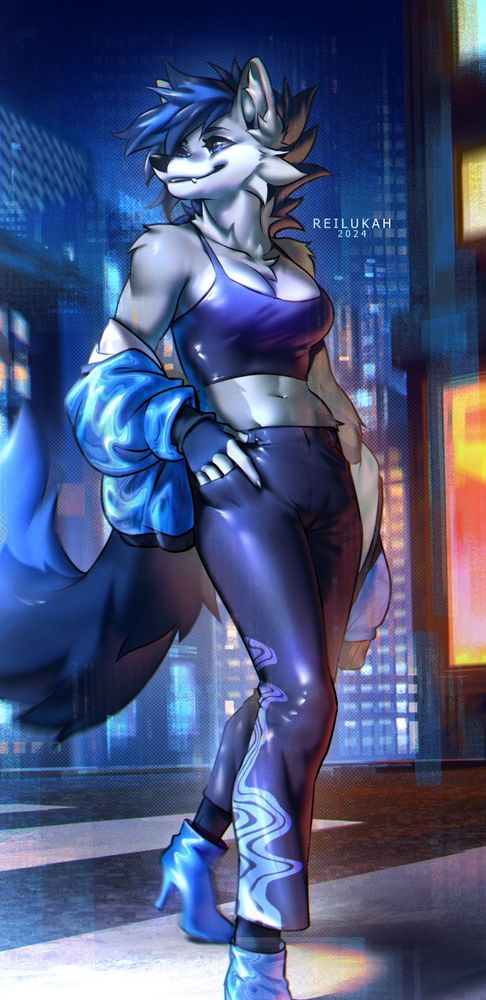 Full-body, full Artistic-freedom, lockscreen commission for RegulusUmbra featuring his gray/blue fox lady in a slim fit walking on a cross-walk at night in the city. Outfit designed by me :D