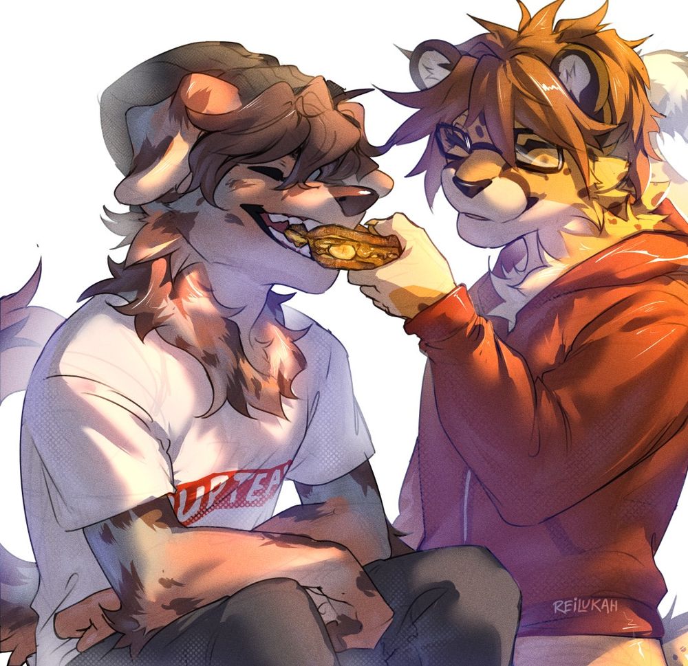 Colored commission for MaxwellSpeedmew featuring two anthropomorphized sonas. One (Maxwell, a cheetah) feeding the other (the bf, floppy eared dog) a sandwich. It's cute and rly gay ofc.