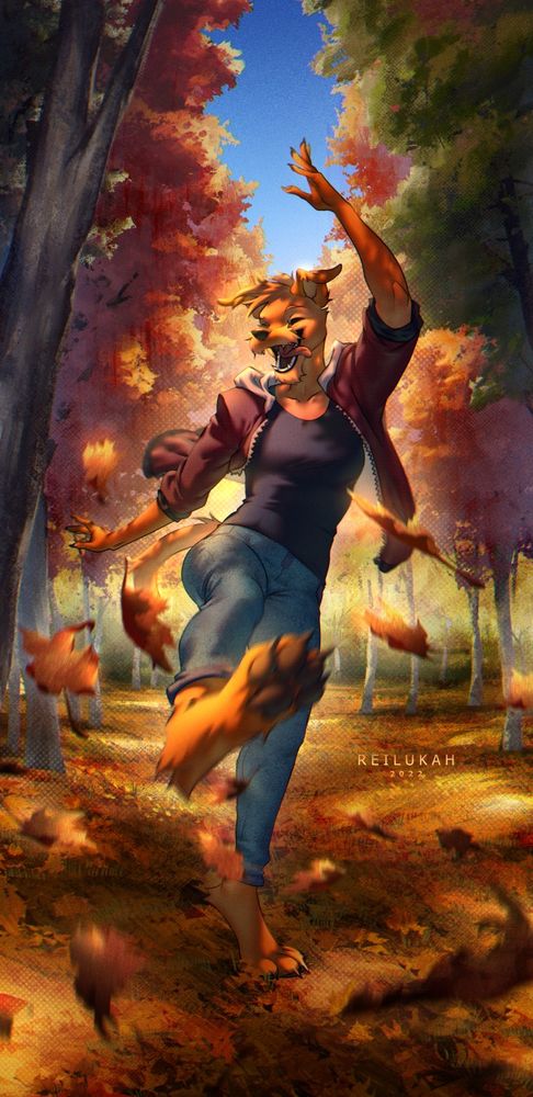 Autumn themed ych lockscreen for Autie! Featuring their anthropomorphized terrior playing in a forest kicking autumn leaves and having a ball.