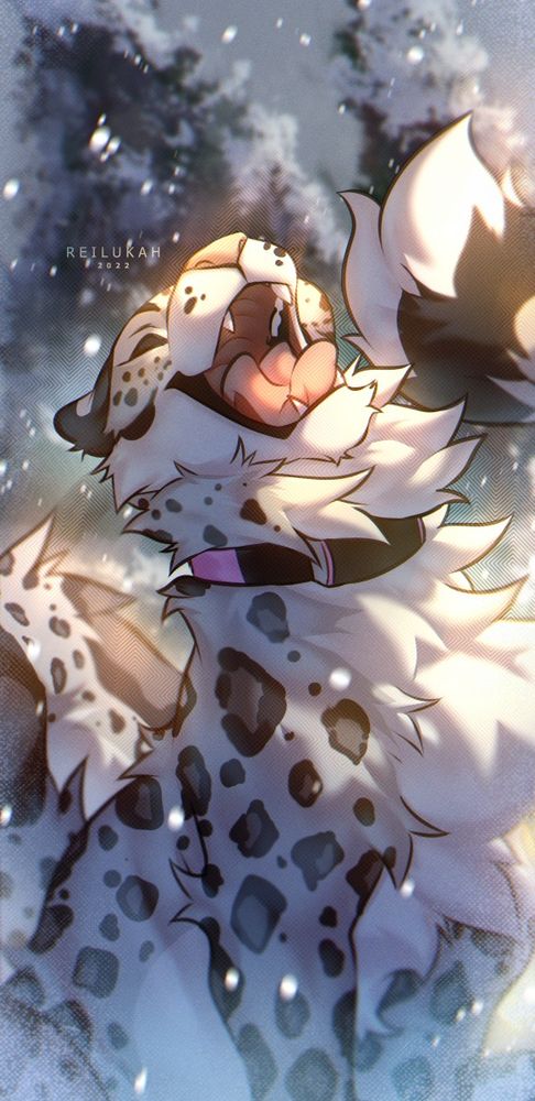 A "selfie" lockscreen commission for homphs. Featuring his feral, snow leopard. The character is sitting and excitedly smiling: eyes closed with mouth open wide (perhaps trying to catch pieces of snow in their mouth). Despite it being in the middle of snowing, the lighting is bright and warm. Basically a piece of art that features a really happy, extra fluffy, snow leopard! 