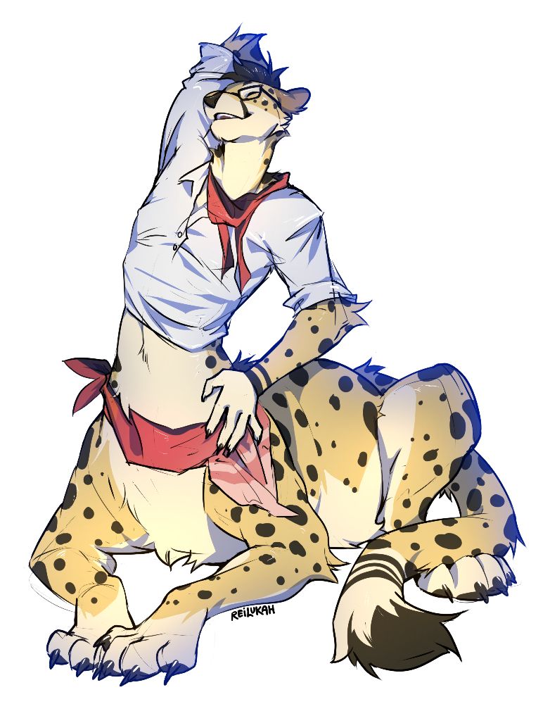 Cheetah taut in a white rolled up shirt, loose red scarf and bandana across waste sitting chill and stretching 
