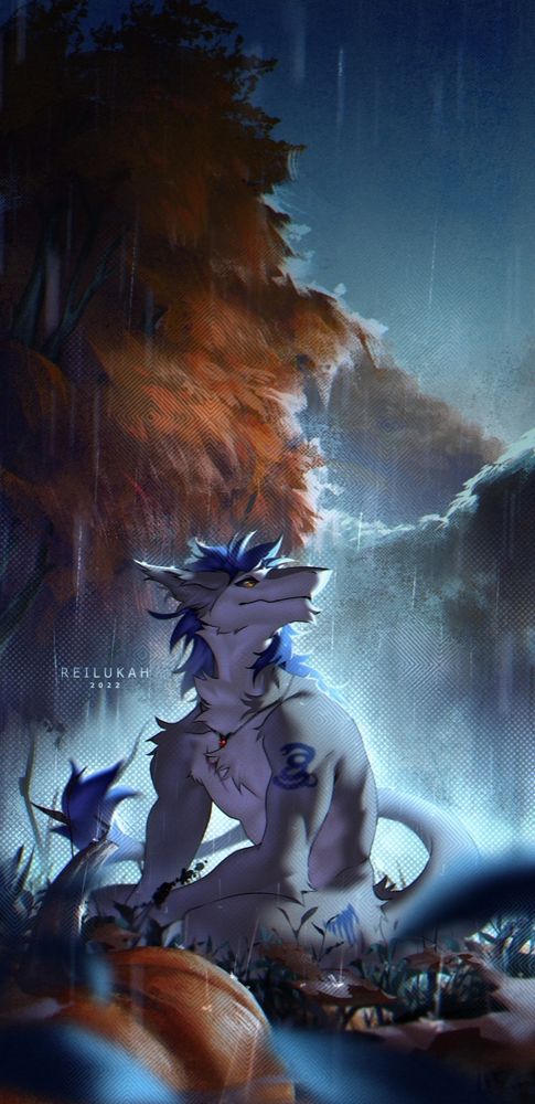 A lockscreen commission for woolpack featuring his grey sergal with blue hair sitting in a vague pumpkin patch enjoying the autumn rain.