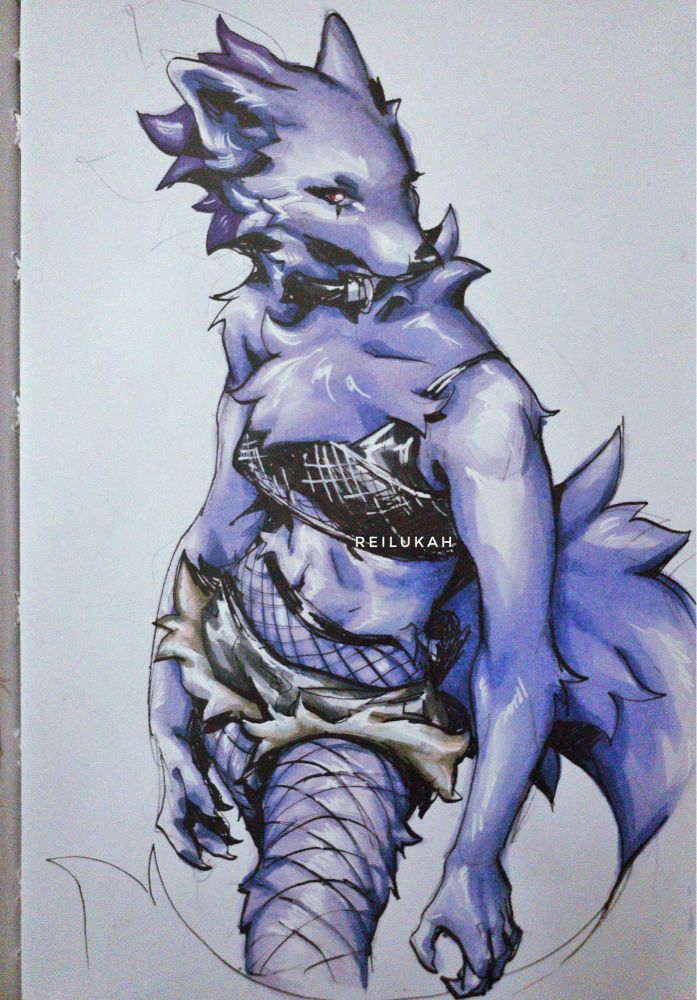 Photo of an Ink and copic drawing in my sketchbook of a purple gray were wolf girl in black fishnet leggings and crop top with fluffy gray short shorts