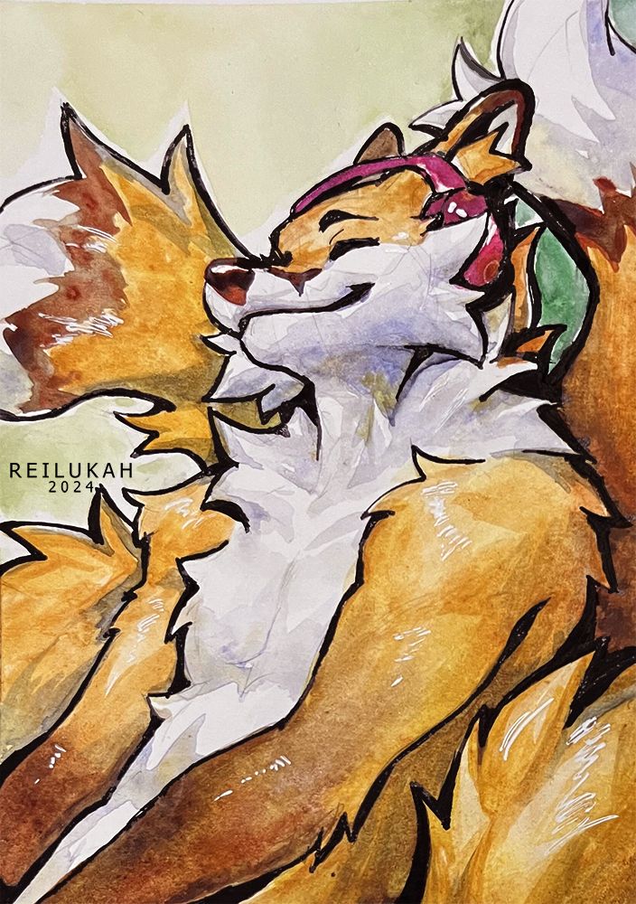 watercolor and ink sketch featuring a 4-tailed light orange/brown fox with pink headphones leaning back enjoying music. 
