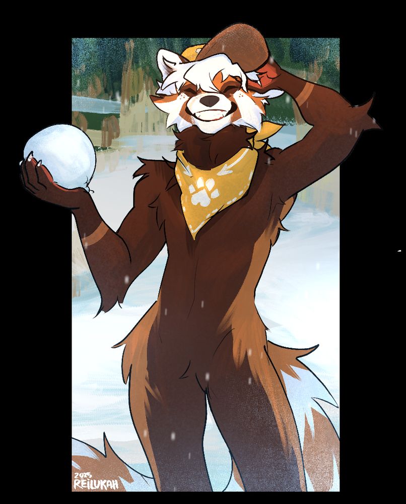 red panda with a yellow bandana and hat smiling at the viewer, holding up a snowball 
