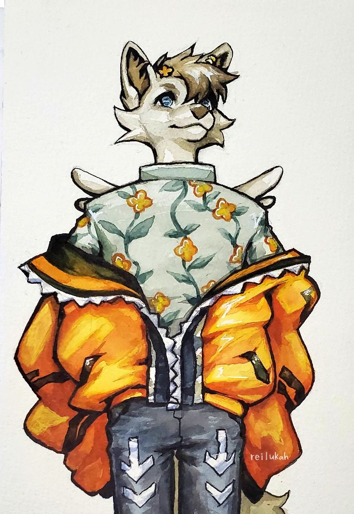 Featuring an anthro character in a baggy partially unzipped bomber jacker with a flowery shirt and skinny jeans. 5x7 inch watercolor painting