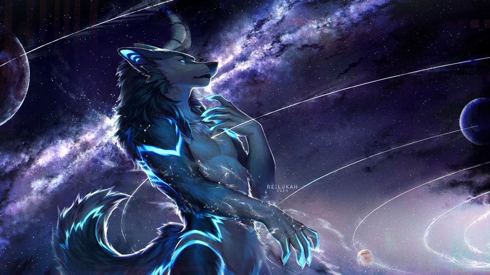 Full painting via "open request" commission form. Featuring Zidwolfe's character in a space setting. Rings of planetary orbits are visible with one going through the center of the characters chest. A brilliant milky way illuminates behind the character and there is a sense of solemn wonder and vast empty splendor 