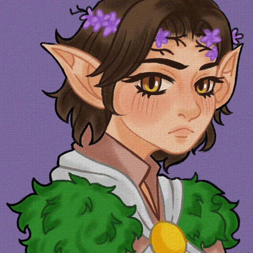 Portrait Illustration for myself/DonTinkyWinky for Meet the Organizers for Faerun Fetes x Baldur's Mouth - BG3 Gauntlet. I am an elven druid who loves to surround myself with duckies and cats! Short Brown hair, purple flower crow, earth toned robe with leafy shoulderguards.