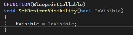 A function from Epic's LyraGame project called "SetDesiredVisibility" with a parameter of bool InVisible, spelled with an upper case V. Super clear.
