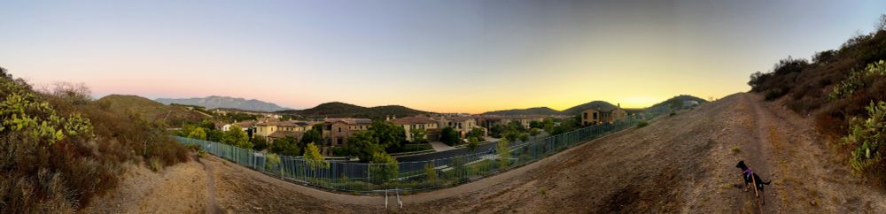 A very wide stitched together panorama of the same. On the distorted dirt path in the foreground a cute black dog is visible on the right side. She seems to be watching the sunset as well, but knowing Yuna she probably heard a bird in the undergrowth.