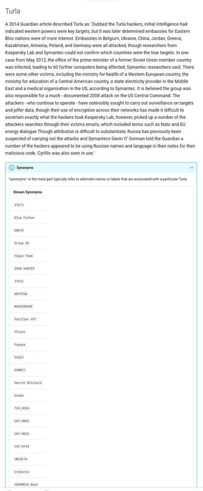 Seeing all the synonyms from a threat-actor on the misp-galaxy.org website