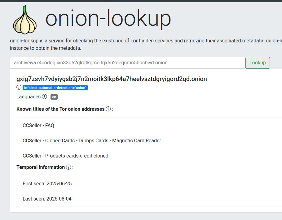 onion-lookup is a service for checking the existence of Tor hidden services and retrieving their associated metadata. onion-lookup relies on an private AIL instance to obtain the metadata.