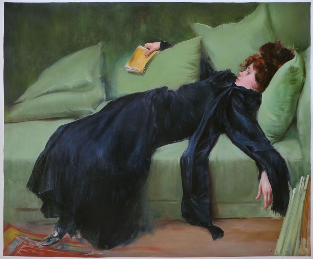 Decadent Young Woman After The Dance, painting by Roman Casas í Carbo 1899

a young woman in a fancy black Victorian dress is collapsed on a green sofa, holding either a letter or a program in her right hand