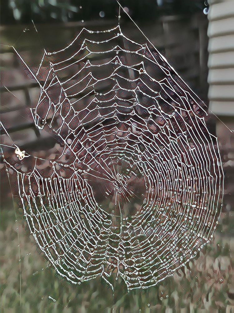 spider web in my yard, sprinkled with hose water and the photo given the prisma app treatment so that it looks a little more crisp and the background colors are muted in grays