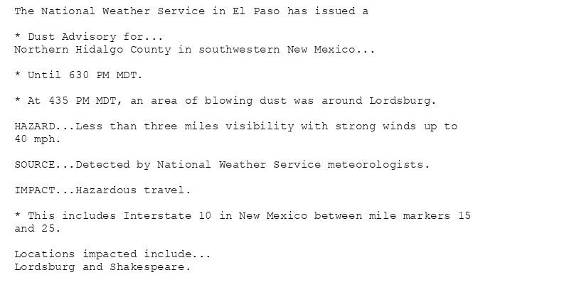 The National Weather Service in El Paso has issued a

* Dust Advisory for...
Northern Hidalgo County in southwestern New Mexico...

* Until 630 PM MDT.

* At 435 PM MDT, an area of blowing dust was around Lordsburg.

HAZARD...Less than three miles visibility with strong winds up to
40 mph.

SOURCE...Detected by National Weather Service meteorologists.

IMPACT...Hazardous travel.

* This includes Interstate 10 in New Mexico between mile markers 15
and 25.

Locations impacted include...
Lordsburg and Shakespeare.